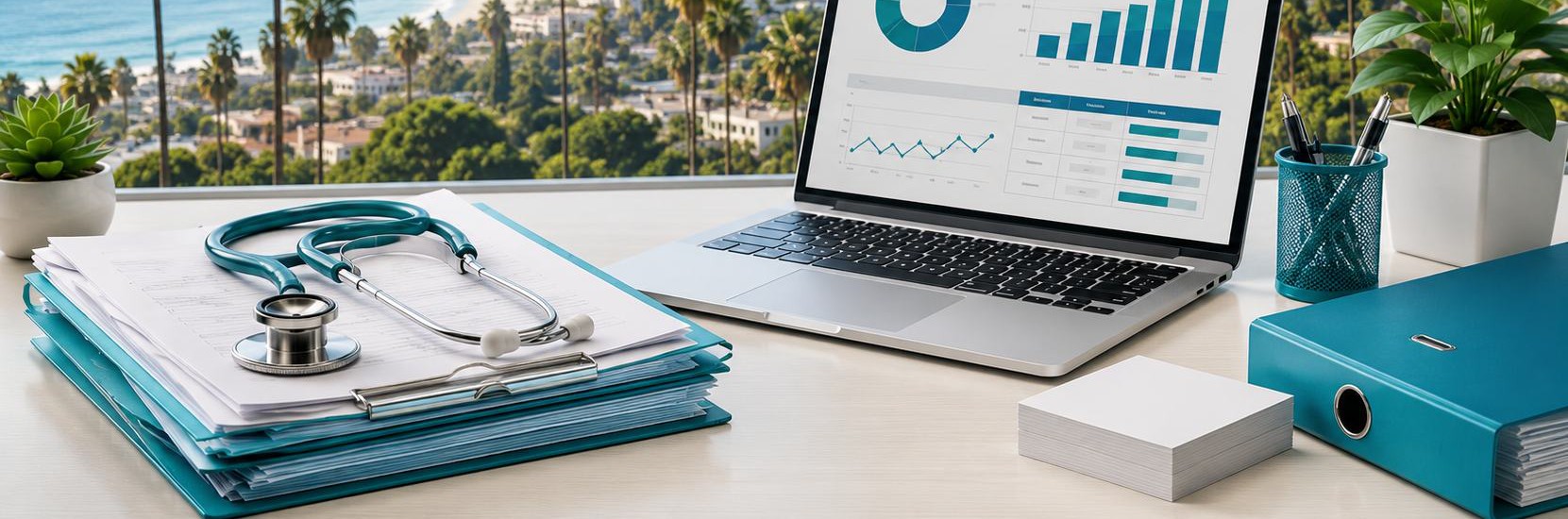 Stethoscope, medical files and a billing dashboard on a desk overlooking the California coast